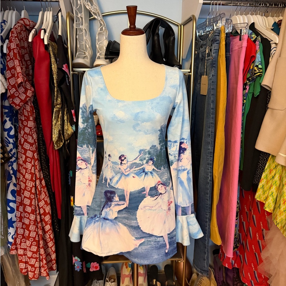 Blue Ballerina Print Long-Sleeve Dress